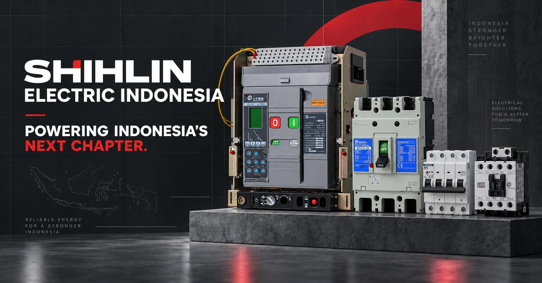 Shihlin Electric Indonesia products: BWA1600-S air circuit breaker, BM250-SN moulded case circuit breaker, RPC miniature circuit breaker and S-P12 magnetic contactor. Powering Indonesia's next chapter.